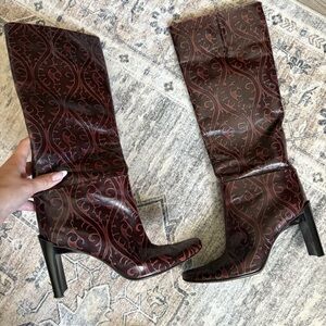 Vintage Y2K 90s DKNY tall boots Size 7 Knee High Emboss Boots burgundy Leather